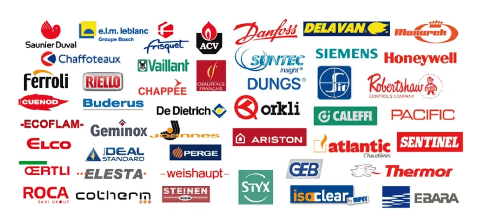 Logos des marques de chaudières partenaires : Saunier Duval, ELM Leblanc, Frisquet, Vaillant, De Dietrich, Chappée, Ferroli, Viessmann et autres